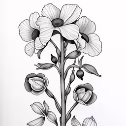 the drawing depicts three black and white flowers,the drawing shows a single flower with leaves