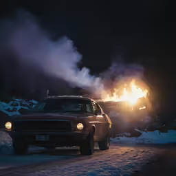 there is a truck parked on the road and flames