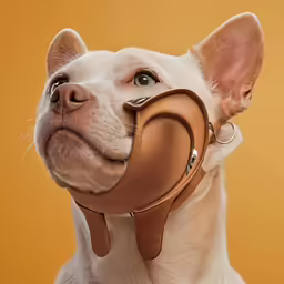 a dog with a leather collar on looking up at something