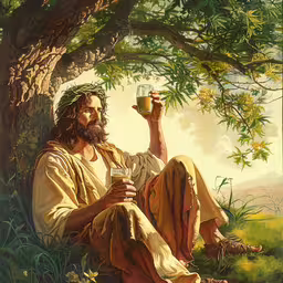 jesus sitting on the ground holding a glass of liquid,the man holding a glass sitting in front of a tree