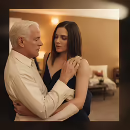 an older man embracing a young woman at home