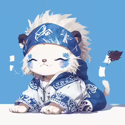 a blue and white drawing of a small cat wearing a blue baseball cap with eyes closed