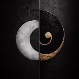 two abstract images with gold accents are in black