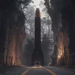 an empty street at dusk with tall trees