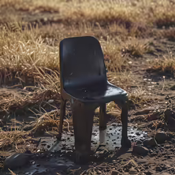 an old chair is in the middle of a dry grass field