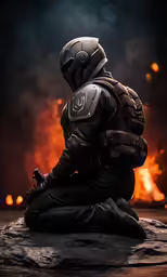 a person in a helmet sitting on the ground next to flames