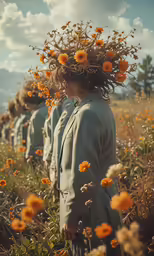 a group of people walking through a field covered in orange flowers