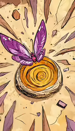 a painting of a jar with yellow and purple wings