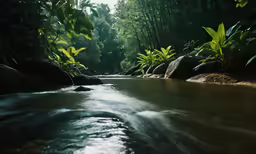 the water is flowing through the rocks in the forest