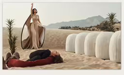 a woman with wings sits on the sand and another woman holds a circle