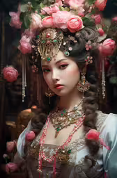 a pretty lady with flowers all around her head,a painting depicting the image of a woman in ancient greek dress and headpiece