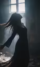 the woman in a dress is posing by a window