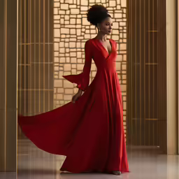 woman in red gown standing outside on tile floor