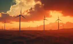the sun shines on windmills in a row