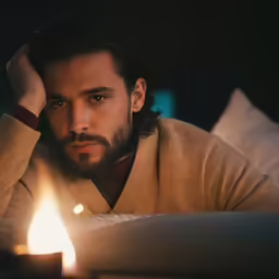 a man sitting at a dinner table with a candle in front of him