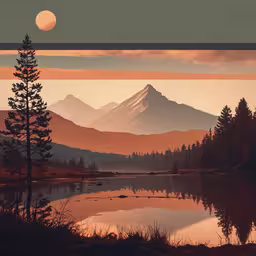 a mountain with a lake surrounded by trees under a red sky,an orange, brown and black sunset over mountains near water
