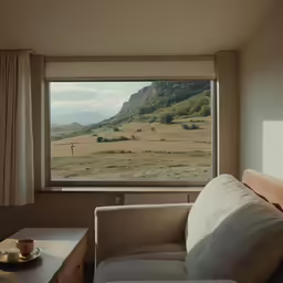 a couch is in front of a window with view