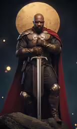 a person in armor holding a sword and a shield