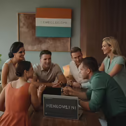 a group of people sit at a wooden table in front of a box and one person takes a photo of the box