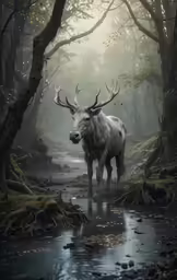 a large animal standing in the middle of a forest