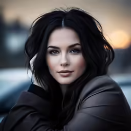 a woman with blue eyes posing for a picture