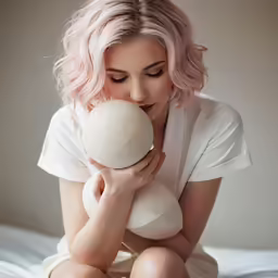 a woman sitting on a bed holding a pillow