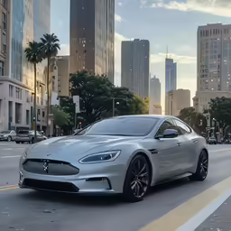 the car is driving through the intersection of the city