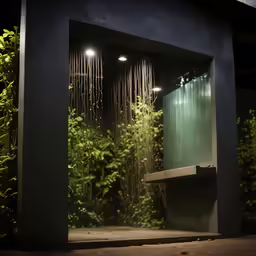 an entrance area with green plants behind it