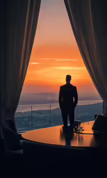 a person standing in a room with a curtain open