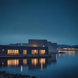 a building with its lights on sits in the water