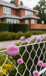 the pink flowers are growing behind a white fence
