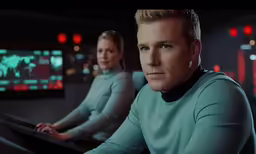 a man and a woman looking off into the distance on a spaceship with many screens