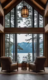 a living area with two chairs and a table next to windows