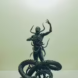 a statue with two different types of bicycle tires