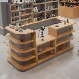 a store display that has many shelves and lamp