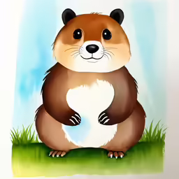 the painting of an animal sits in the grass