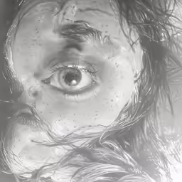 a girl with long hair is shown through her eyes