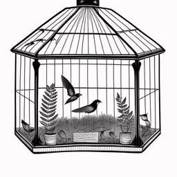 a drawing of a bird inside a cage with plants,an bird in a cage is shown