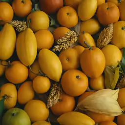 a large display of citrus fruits, including oranges and pears
