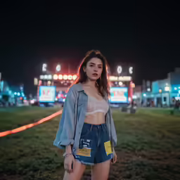 a woman posing for a photo in the grass at night