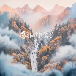 an aerial view of trees and mountains in the background