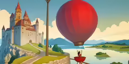 there is a painting of a balloon floating above a person on a bicycle