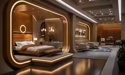 a large bedroom has many white lights