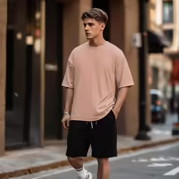 a young man wearing shorts and t - shirt walking in the street