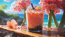 a close - up shot of the drink next to flowers,there is a glass of drink with some strawberries on the table