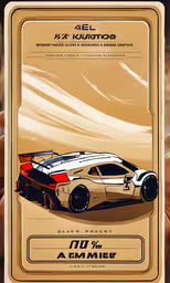 the poster for an art car contest featuring a white race car with a red stripe,a poster of a very nice car with people around