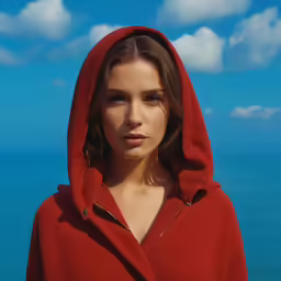 a woman wearing a red hoodie on a clear day