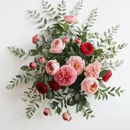 a bouquet of roses arranged on a white surface