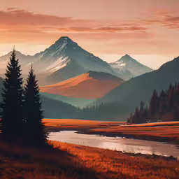 mountains at sunset with trees in the foreground and a lake on the other side,the mountains are covered in snow and reflecting sun