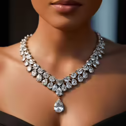 a model wearing an elegant necklace, earrings and dress